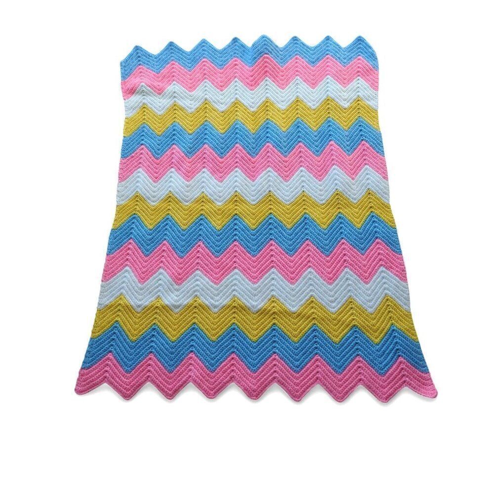 Handmade Chevron Crochet Knitted Baby Blanket Pink Blue Yellow White 27"x37"‎